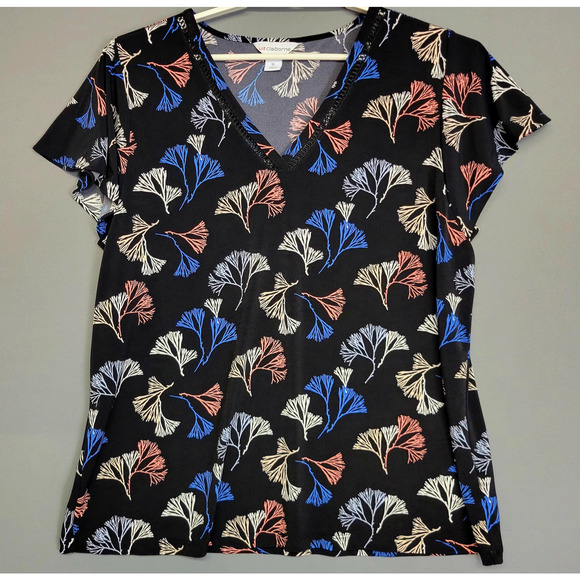 Liz Claiborne Shirt Top Womens XL Black Blue Red Leaf Print V Neck Stretch - Picture 1 of 12